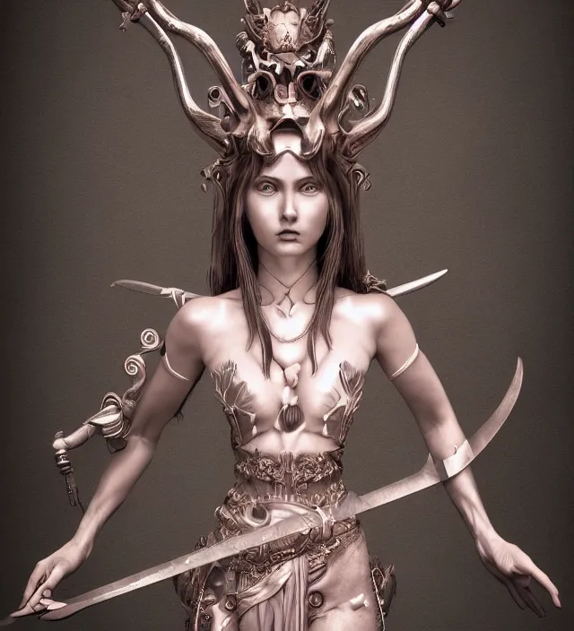 Prompt: photo 3 d rendering of a beautiful girl deity with many arms swords epic photorealistic portrait in miura kentaro frank miller alex ross style depth of field lens flare leica zeiss detailed trending award winning on flickr artstation