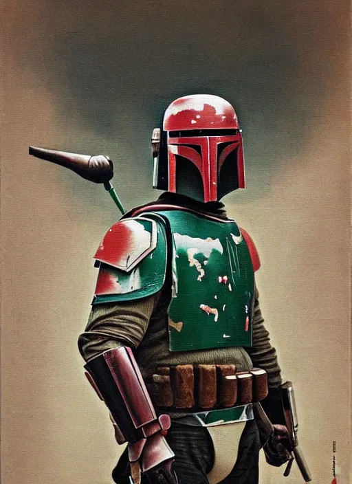 Image similar to boba fett in a samurai japanese version, very detailed oil painting, dark and realistic, japanese art art