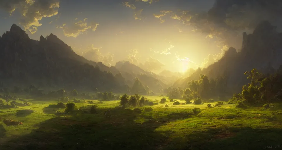 Prompt: beautiful render of landscape with small villages built in green mountains, forest, sunrise, fluffy clouds, volumetric light, by noah bradley and albert bierstadt and jakub rozalski