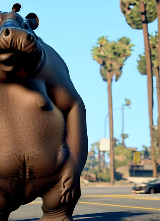 Prompt: an anthropomorphic hippopotamus in GTA5