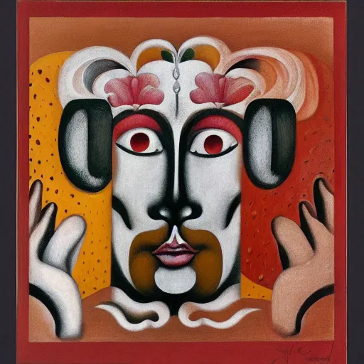 Image similar to floral face portrait by leonetto cappiello and wojciech siudmak and ernst fuchs, anni albers, oil on canvas