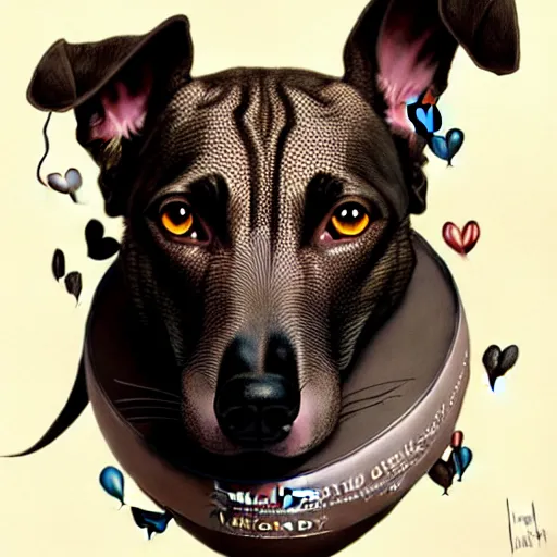 Prompt: a dark brindle greyhound with a grey face is laying down with a happy anniversary balloon floating above him, d & d, fantasy, intricate, elegant, highly detailed, digital painting, artstation, concept art, matte, sharp focus, illustration, hearthstone, art by artgerm and greg rutkowski and alphonse mucha