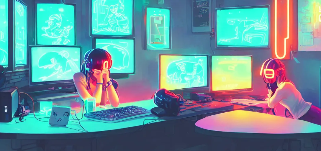 Image similar to a woman sitting in front of screens, gamer, computer nerd, cute room, neon lights, gamer aesthetic, lofi vibes, strong crisp lineart and flat color, by ilya kuvshinov, krenz cushart, Greg Rutkowski, trending on artstation