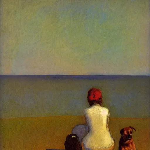 Image similar to a woman and her chiweenie looking out to sea by odilon redon