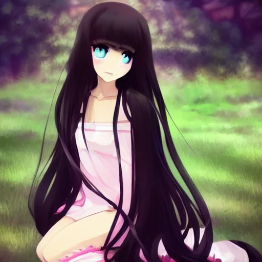 Prompt: beautiful pretty pure kawaii cute lovely innocent elegant hot nice sweet girly feminine long black hair anime girl ,