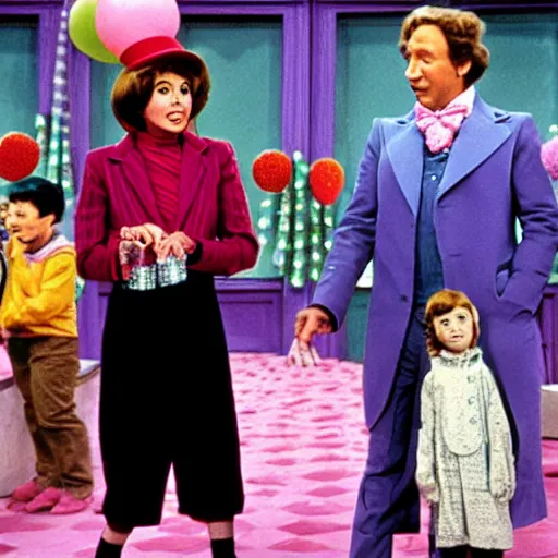 Prompt: a frame from the movie willy wonka and the chocolate factory, starring nancy pelosi and tim allen