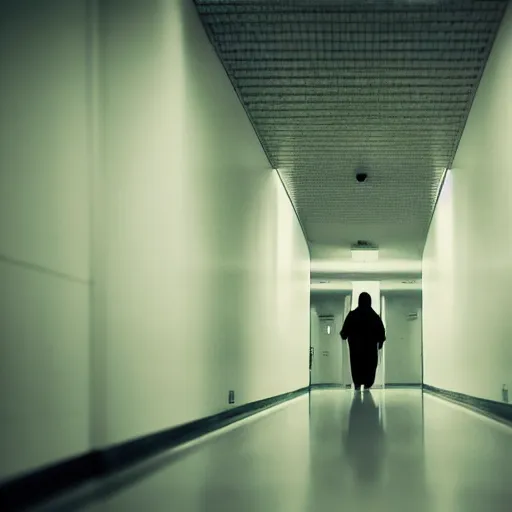 Prompt: hospital hallway, hidden blurry shadow man, eerie, liminal, creepy