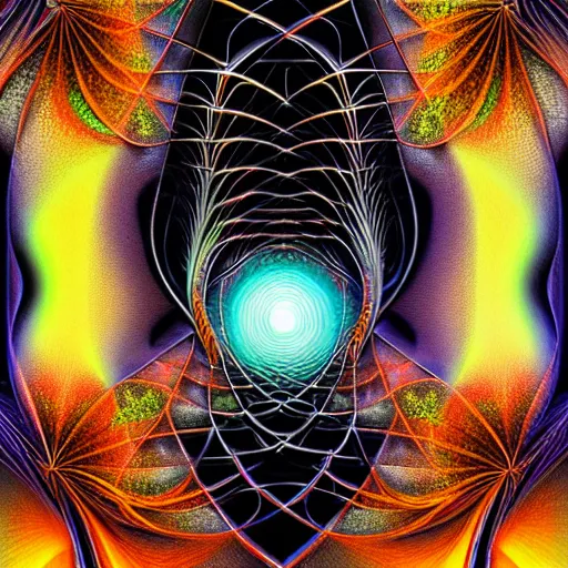 Prompt: symmetrical fractal sacral geometry, android jones