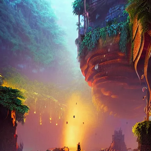 Image similar to aztec jungle village, ornate, beautiful, atmosphere, mist, vibe, smoke, beautiful, rain, reflection, pristine, puddles, waterfall, melting, dripping, wild look, mattepainting concept blizzard pixar maya engine splash comics global illumination lighting artstation, sharp focus, ilya kuvshinov, rossdraws