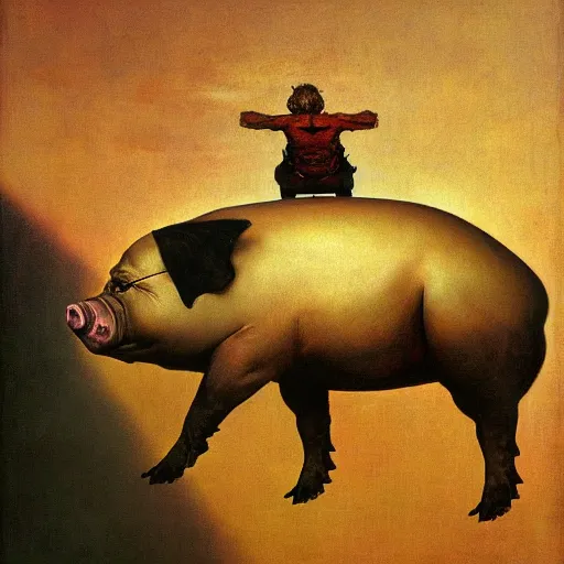 Image similar to a horrifying painting of a gigantic, ominous, floating pig, painted by Norman Rockwell and Beksinski, 4k hd, highly detailed