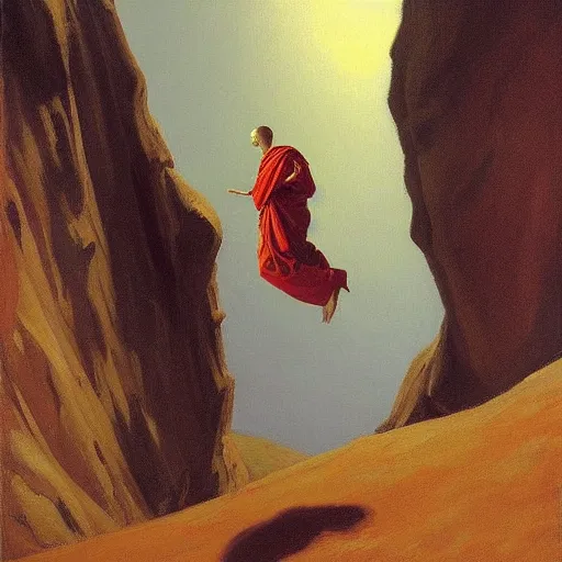 Image similar to sienna portrait of the astute monk crimson and sienna robe ascending the treacherous mountain stairway to the monastery jamie wyeth james gilleard edward hopper oil painting