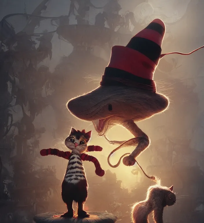 Prompt: complex 3 d render, hyper detailed, ultra sharp, of the cat in the hat, scary, funny, cinematic, natural soft light, rim light, art by greg rutkowski and craig mullins and moebius, dr seuss