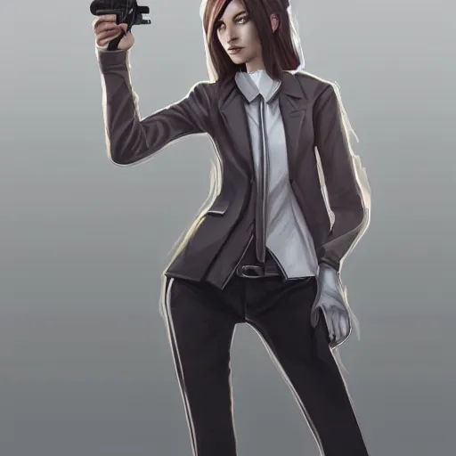 Image similar to a girl wearing a business, she has grey hair and is holding a revolver, digital painting, smooth, hd, realist, artstation, deviantart