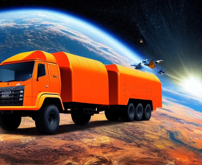 Image similar to orange kamaz in space in orbit of the planet earth, kamaz looks like a spaceship, hyper detailed, hight detailed, futuristic, ultra realistic, no blur, 8 k