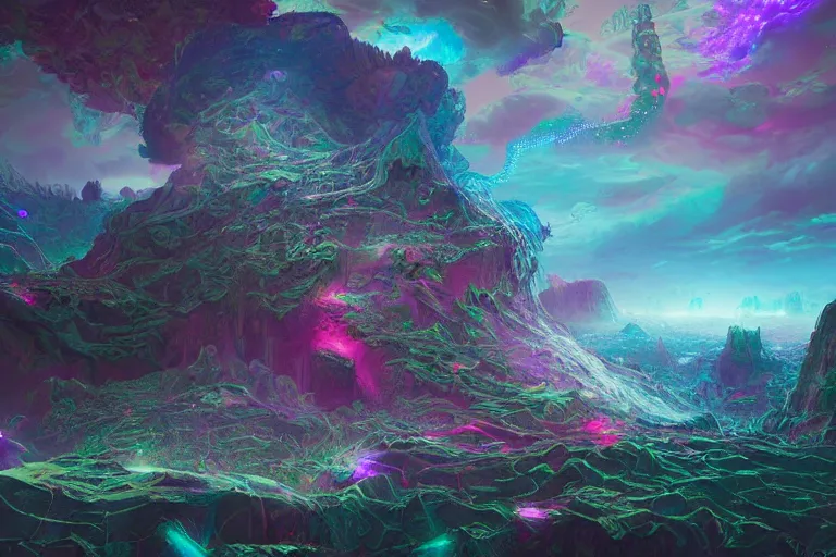 Prompt: a psychedelic realm at the edge of existence where intensely creative astral beings exist, another realm is starting to bleed through into their world, in the style of WLOP, illustration, epic, fantasy, hyper detailed, smooth, unreal engine, sharp focus, ray tracing