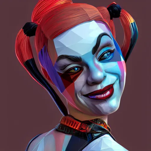 Image similar to digital art, low poly 3d render of Harley Quinn but she's a beautiful ape kid with long pony tails on either side of her head, illustration, by James Jean, artgerm, octane render, by John Coltrane and Marc Simonetti, Manic, graffiti, kinemacolor, colorful, high detail of the face