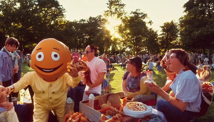 Image similar to 1990s candid photo of a beautiful day at the park, cinematic lighting, cinematic look, golden hour, costumed packaged food mascot people in the background, Enormous personified packaged food people with happy faces and hands talking to families, UHD
