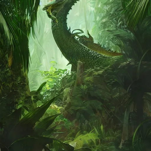 Prompt: A large green scaled dragon egg in a tropical jungle, fantasy art by greg rutkowski and alphonse mucha, highly detailed, digital painting, matte painting, concept art, illustration, oppressive lighting, trending on artstation, very detailed