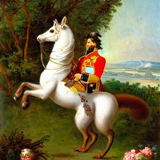 Image similar to a giant squirrel carrying napoleon bonaparte on its back, beach scene with flowers and foliage, detailed oil painting