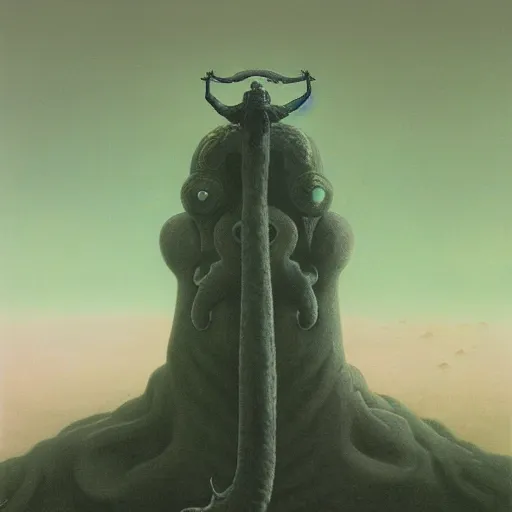 Prompt: squidward boss in style of shadow of the colossus by zdzisław beksiński