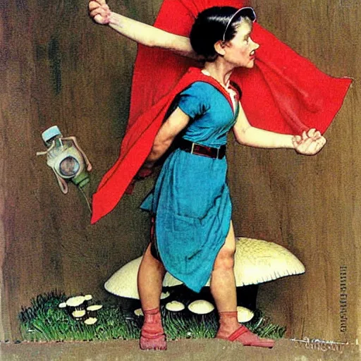 Prompt: Mushroom-based superheroine. A painting by Norman Rockwell.