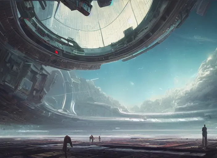 Prompt: a huge abandoned futuristic space station at the edge of the universe, where the horizon of the two worlds clashes upon, megastructure, immaculate highly detailed matte painting, marc simonetti, shinkai makoto, federico pelat, alena aenami