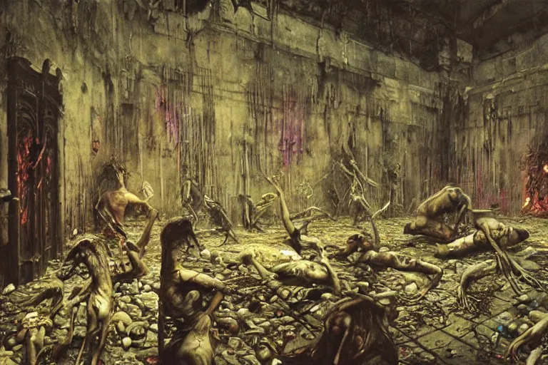 Image similar to an eerie painting of a cacophony of demons sacrificing humans in a grungy derelict georgian manor interior with colourful graffiti on the walls and garbage scattered on the floor, reclaimed by nature by zdzisław beksinski, wayne barlowe, hr giger, luis royo, agostino arrivabene