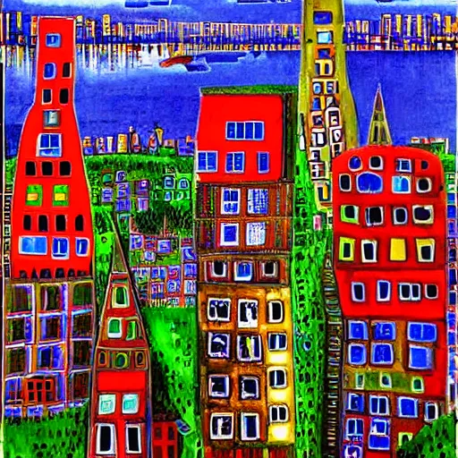 Prompt: city view, by friedensreich hundertwasser