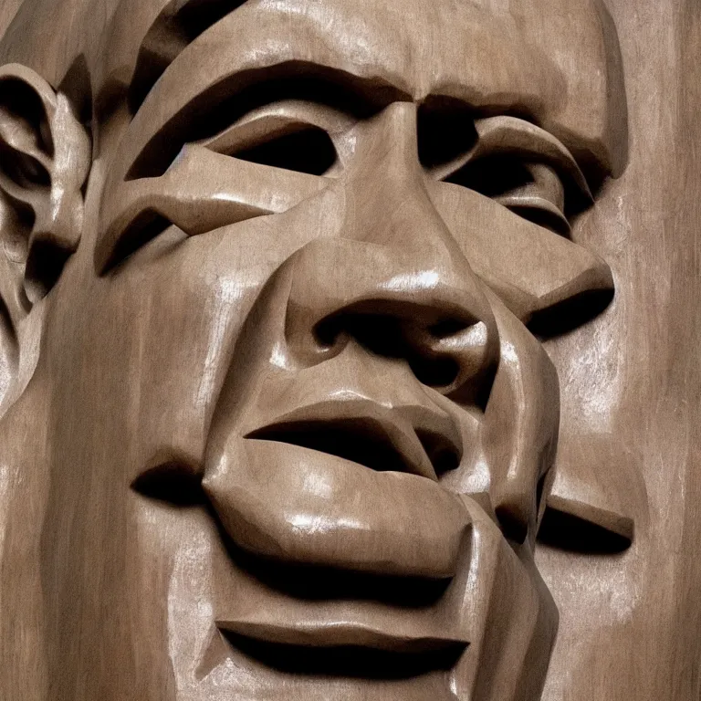 Image similar to enormous geometric minimalist accurate sculpture of norman reedus sticking out his tongue, beautiful symmetrical!! face accurate face detailed face realistic proportions, hand - carved out of mahogany wood on a pedestal by stephan balkenhol and ron mueck and martin puryear, cinematic lighting shocking detail 8 k