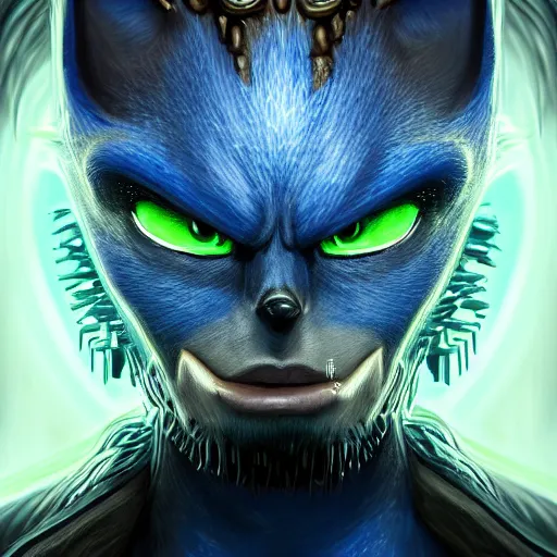 Prompt: perfectly - centered close - up face - portrait of evil sonic, intricate, elegant, super highly detailed, professional digital painting, artstation, concept art, smooth, sharp focus, no blur, no dof, extreme illustration, unreal engine 5, 8 k, by anne stokes