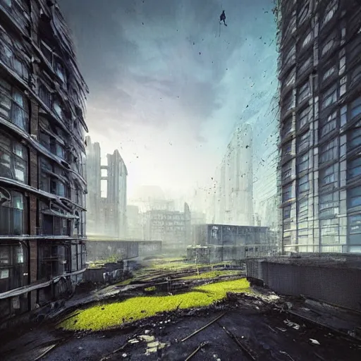 Image similar to “derelict architecture buildings, building designed by Richard Rogers, architecture digest, building surrounded in a nature environment, modern tones, fluorescent lighting,volumetric Lighting, cyber punk, photorealism, high detail, golden ratio, cinematic, octane renderer”