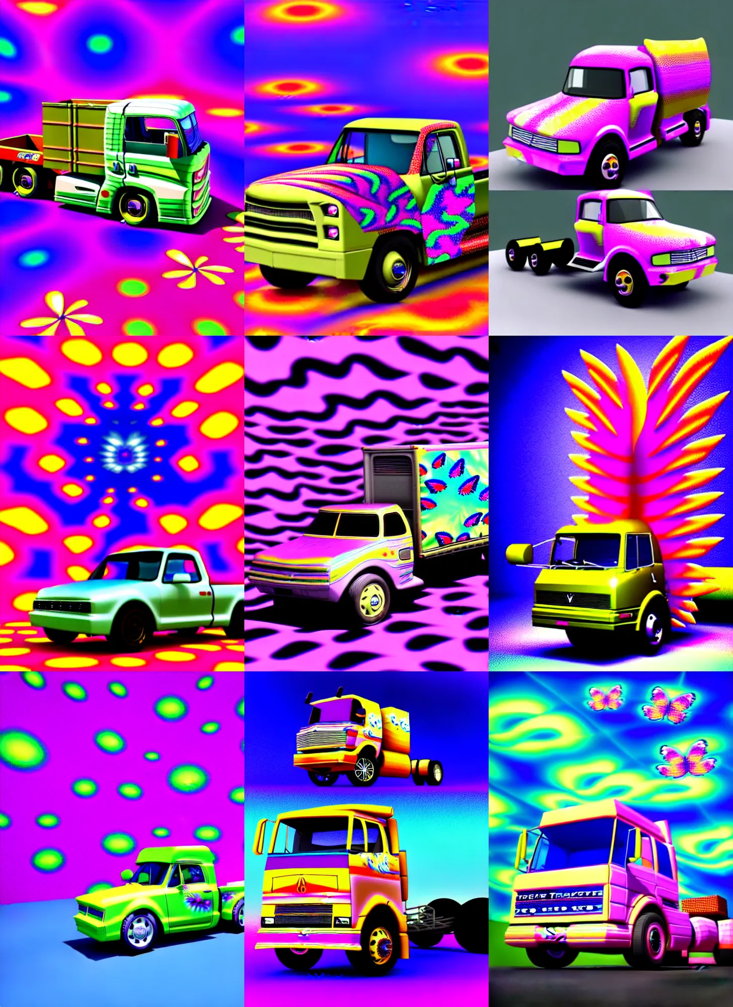 Prompt: 3d rendered chibi truck in the style of Ichiro Tanida 3D render wearing angel wings against a psychedelic acid trip swirly background with 3d rendered butterflies and 3d rendered flowers n the style of 1990's CG graphics 3d rendered y2K aesthetic by Ichiro Tanida, 3DO magazine