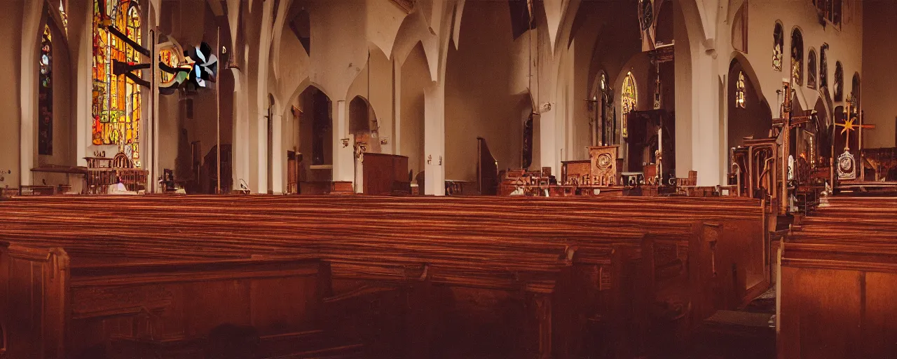 Image similar to interior of a church with a large cross on the podium covered in spaghetti, worshippers in the pews in the background, canon 5 0 mm, cinematic lighting, photography, retro, film, kodachrome, closeup