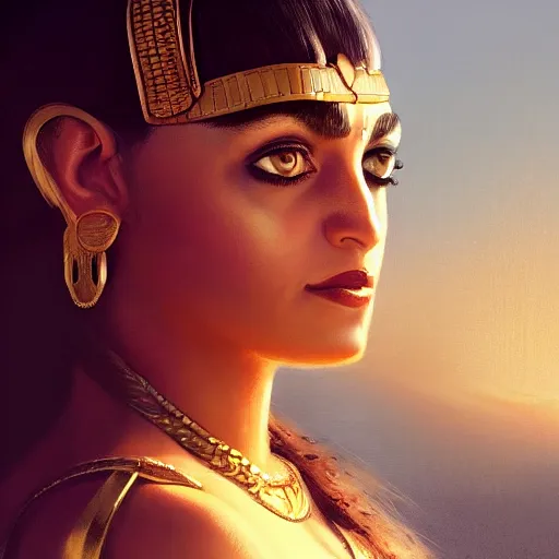 Prompt: closeup portrait of a young mia kunis as cleopatra, palace background, dramatic light, gorgeous view, depth, high detail, digital art, painted by greg rutkowski, trending on artstation