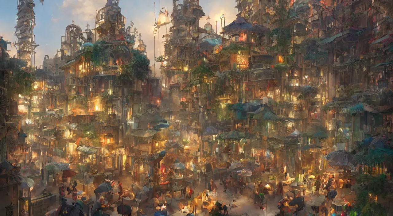 Image similar to bazaar zouk oriantal place mosquet multicolorful sky shine matte painting, street art, trending on artstation, by huang guangjian and gil elvgren and sachin teng