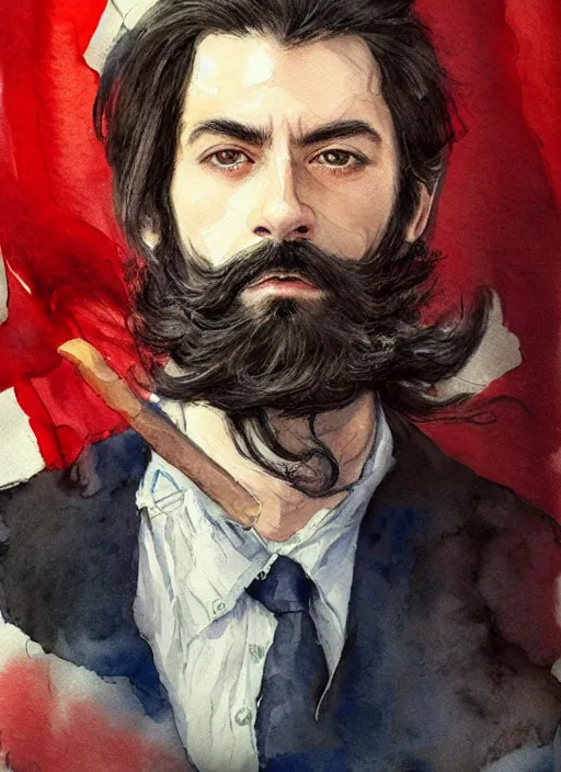 Image similar to portrait, a handsome small Frenchman with beard and long black hair toasting with whiskey, French flag in the background, watercolor, dramatic lighting, cinematic, establishing shot, extremely high detail, foto realistic, cinematic lighting, digital art, by Yoshitaka Amano, Ruan Jia, Kentaro Miura, Artgerm, post processed, concept art, artstation, matte painting, style by eddie mendoza, raphael lacoste, alex ross