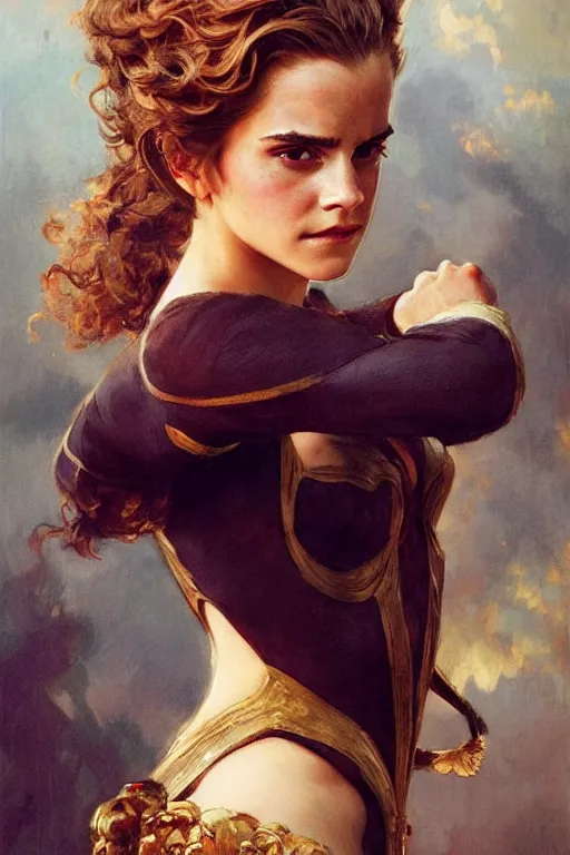 Image similar to emma watson manelbrot fightsuit gaston bussiere craig mullins j. c. leyendecker curly updo