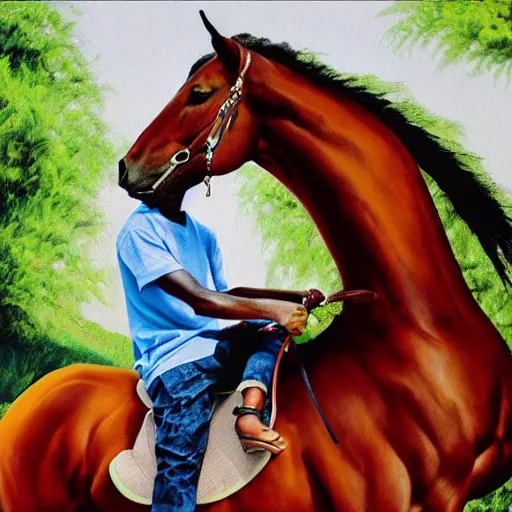 Prompt: painting portrait of tyler the creator sitting on a horse, realistic, elegant, 4 k, hd.