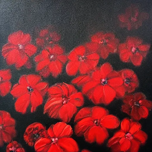 Prompt: oil painting of many various red flowers painted on a black background, dark atmosphere, realistic flowers oil painting