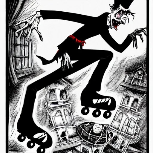 Prompt: black and white trippy comic art of dracula the vampire roller skating on roller skates, drawn by martin rowson, tim burton, alex pardee, nekro petros afshar, james mcdermott, cgsociety, award - winning, awesome, stunning, beautiful, stark, 4 k