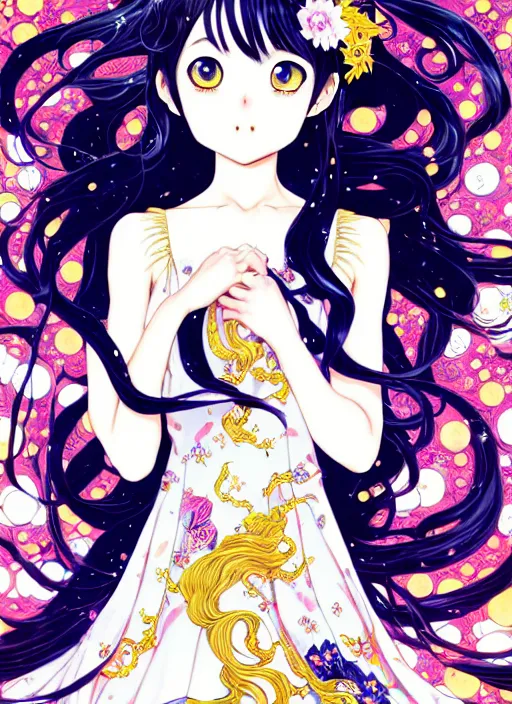 Image similar to exquisite imaginative manga poster of a girl, cats, long wavy hair, rococo dress, shimmering, by kojima ayami, shigenori soejima, minaba hideo,, jump comics, shogakukan, art nouveau, illustration, artstation, highly detailed, 8 k, fluorescent, maximalist