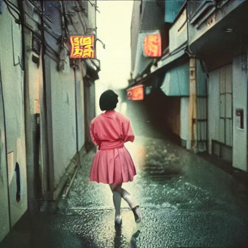 Image similar to 1990s perfect 8K HD professional cinematic photo of close-up japanese schoolgirl dancing in dystopian alleyway with neon signs, at evening during rain, at instagram, Behance, Adobe Lightroom, with instagram filters, depth of field, taken with polaroid kodak portra