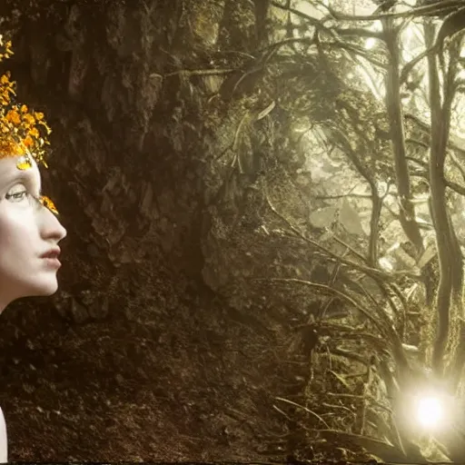 Image similar to The full body shot of beautiful pale woman with white flowers and full-face golden occult mask and antlers in a rocky desert landscape, multiple eyes by Denis Villeneuve, Lubezki, Gaspar Noe and Christopher Doyle, anamorphic lens, anamorphic lens flares, kodakchrome, cinematic composition, practical effects, award winning photo, 8k, detailed 85mm f/1.4