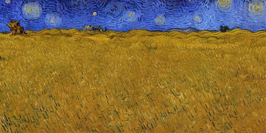 Prompt: golden wheat field, harvest, unreal, by vincent van gogh