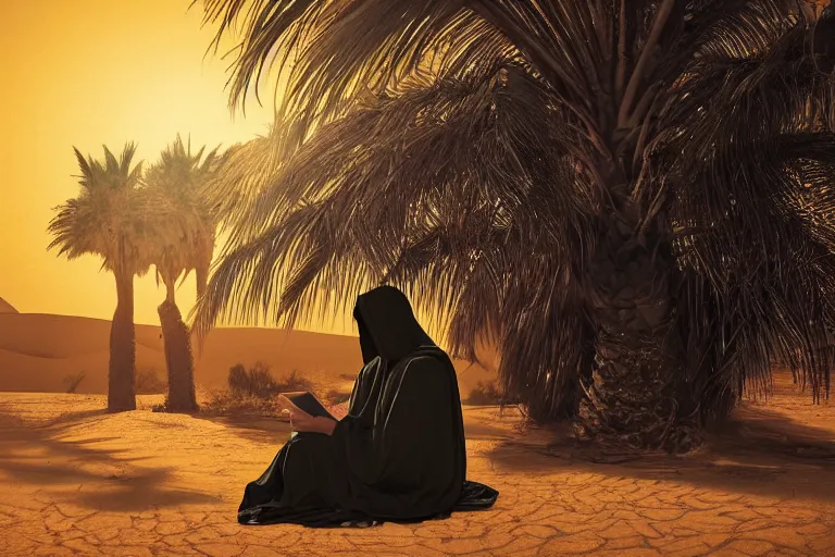 Image similar to a hooded Druid sitting under a palm tree in the Egyptian desert reading ancient scrolls in the light from a small fire at night, brown cloak, desert, starry sky, an ancient city far in the distance, strong dramatic cinematic lighting, lost civilizations, smooth, sharp focus, extremely detailed