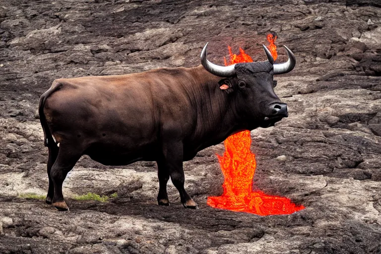 Prompt: wildlife photography bull made of lava by Emmanuel Lubezki