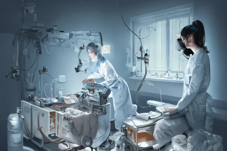 Image similar to hyperrealistic photography of a female scientist constructing a birth machine in the style of Jin Kagetsu, James Jean and wlop, highly detailed, masterpiece, award-winning, sharp focus, intricate concept art, digital painting, ambient lighting, 4k, artstation