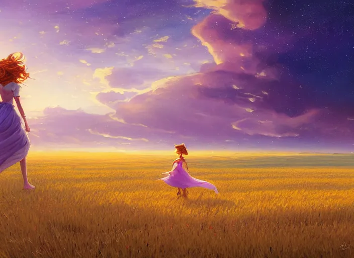 Prompt: a lone princess walks through a vast wheat field in the cosmic sky by vladimir volegov and alexander averin and peder mørk mønsted and ross tran and raphael lacoste