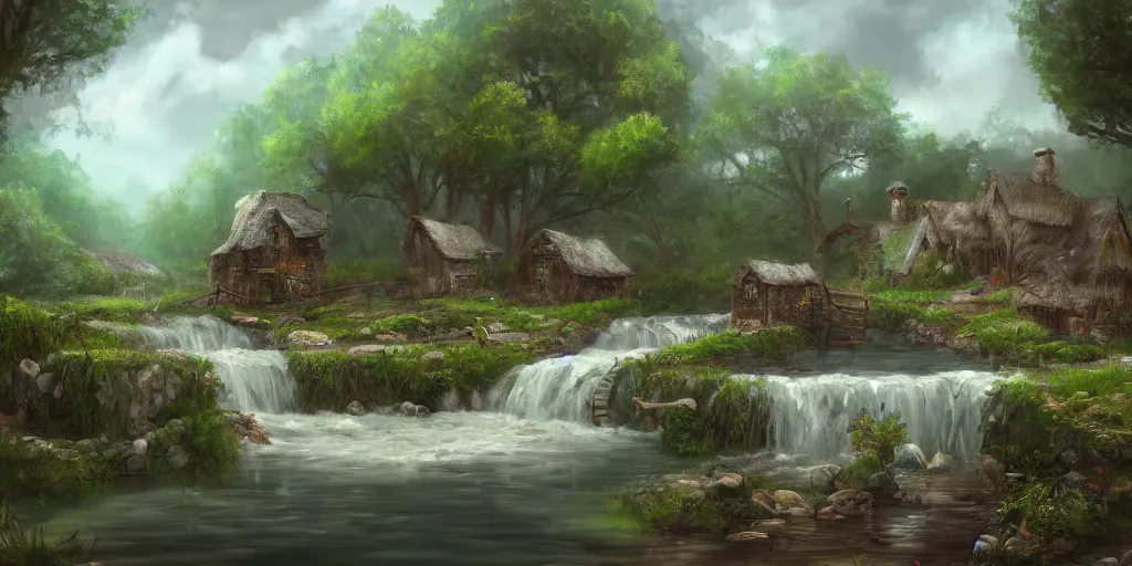 Prompt: a small surreal serene fantasy village on the edge of the woods, small stream, water wheel, by bob ross, lord of the rings, smooth, detailed terrain, oil painting, matte painting, concept art, trending on artstation