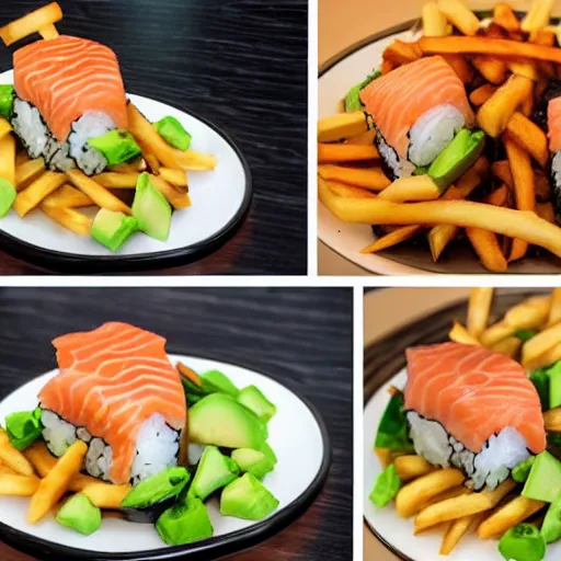 Prompt: sushi poutine, quebec speciality dish, french fries and gravy, salmon and avocado, restaurant menu photo, 4 k, super realistic food picture